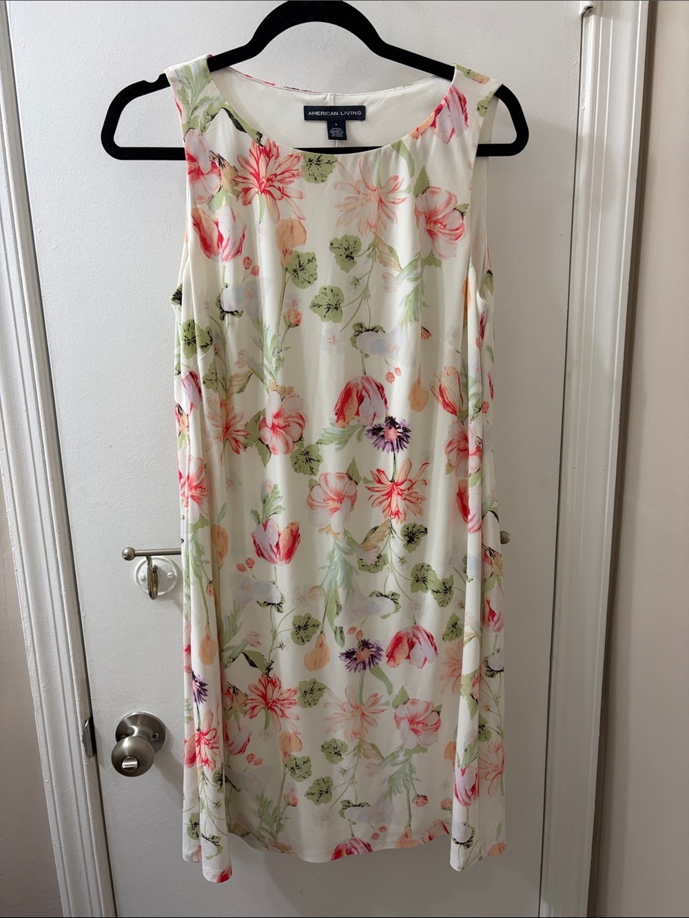 American Living Cream Floral Midi Dress with Pink & Green Blooms